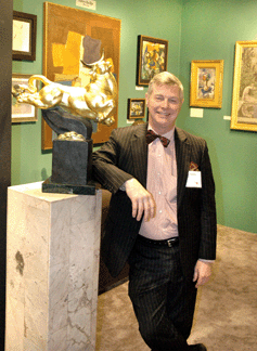 D. Roger Howlett of Childs Gallery, Boston next to a gilded bronze by Donald De Lue (1897‱988) titled "Jupiter as the Bull.†The 1931 bronze was cast at Tallix Foundry in Beacon, N.Y.