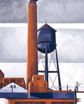 In one of his most compelling Precisionist oils, "Chimney and Water Tower,†1931, Demuth captured the soaring might of structures of Lancaster's Armstrong Cork Company. Amon Carter Museum.