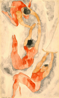 Demuth's washy, sinuous watercolors of various entertainers, such as "Three Acrobats,†1916, grew out of his attendance at circus and stage performances and his knowledge of the work of Henri de Toulouse-Lautrec. Amon Carter Museum.