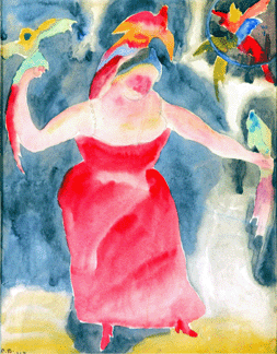 Drawn to stage and circus performers, Demuth executed a number of watercolors, like the bird lady in "Aviariste,†1912, depicting entertainers in action. The heightened color intensities and broadened color areas of these images "approximated the atmospheric, all-over rhythm of [John] Marin's works,†says art historian Barbara Haskell. The Demuth Museum, Lancaster, Penn.