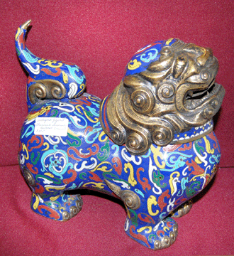 A cloisonné incense burner in a brilliant blue was a star at Boston Antiques Co-op.
