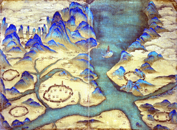 A Nineteenth Century cartographer used brilliant blues and greens to create this visually stunning image of the Jiangxi Province in southeastern China. Used by permission of The British Library.