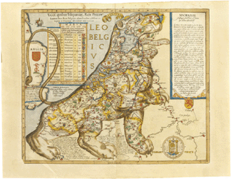 Leo Belgicus, a map of the Low Countries in the shape of a lion, has proved one of the most enduring cartographic expressions of patriotism. Courtesy of LaSalle Bank/ABN AMRO Dutch Map Collection.