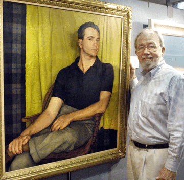 Gene Shannon with "Portrait of Bob, 1936†by Luigi Lucioni. The painting was the top lot of the auction, selling at $153,600, a record price paid at auction for the artist. 