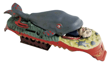 A rare example in near mint condition, Jonah and The Whale †Jonah Emerges doubled its high estimate to sell for $414,000, an auction record for the form and the second most expensive bank sold publicly. J. & E. Stevens Co., of Cromwell, Conn., manufactured the toy in the late 1880s.