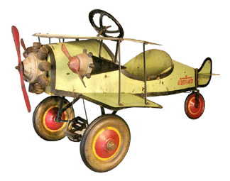 Curtis Moth pedal airplane, made in the early 1930s by Gendron; very rare biwing, tri-motor plane soared to $15,400.