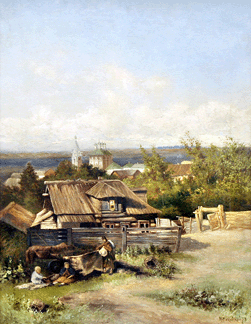 Nineteenth Century oil on canvas attributed to Nekolai Makovsky, "View of the Volgo River,†with the date '78 and signed, went to an Internet bidder at $17,920.