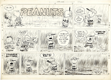 Charles Schulz, Peanuts Sunday comic strip original art, dated 4-10-55 (United Feature Syndicate, 1955), set a new auction record price at $113,525.