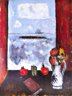 Returning to his native Maine toward the end of his career, Marsden Hartley used a blend of a variety of styles in vigorous, evocative views along the state's rugged coastline, including "Summer, Sea, Window, Red Curtain,†1942.