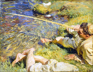 During extensive sojourns in the Alps, expatriate artist John Singer Sargent recorded views of people at leisure in brilliantly hued and astutely composed works like "Val d'Aosta: A Man Fishing,†circa 1906.