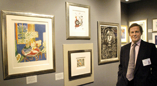 London dealer William Weston with a selection of prints by Wassily Kandinsky, $75,000; Henri Matisse, $45,000; Joan Miró, $70,000; and Pablo Picasso $95,000. William Weston Gallery Ltd, London.