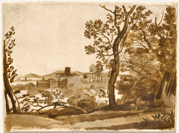 "A Wooded Landscape with Distant Buildings,†1640‵0, by Claude Lorrain. Black chalk, brown wash, black chalk framing lines, 8 by 11 inches. Sterling and Francine Clark Art Institute, Williamstown, Mass.