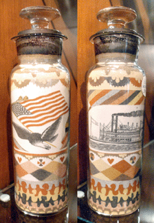 The Andrew Clemens sand "picture bottle,†front and back shown, sold at $29,375.