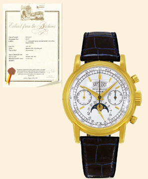 A Patek Philippe yellow gold Ref 2499 third series with tachometer dial sold for a top price of $674,000.