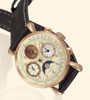 A world record was set for this pink gold triple chronograph by Audemars Piguet, made circa 1940. After fierce bidding, it was acquired by a private collector who bid over the telephone for nearly $380,000.
