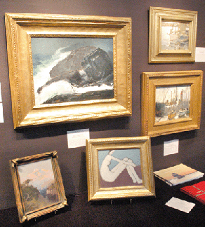 The small Milton Avery oil "Seated Nude,†1953, $150,000, on table, was featured at Questroyal Fine Art, New York City, as was George Bellows' "Black Mood (Tang of the Sea),†1913, top left, $350,000.