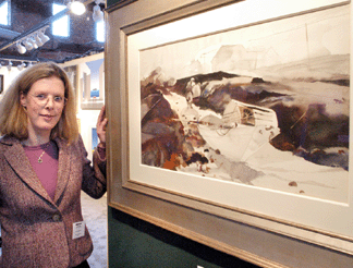 Anne Hargrave of Birnam Wood Gallery, New York City, with "Fog and the White Dory,†an Andrew Wyeth watercolor, 1941, $200,000.