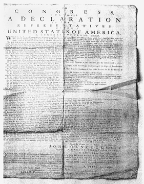The 1776 Salem, Massachusetts-Bay printing of the Declaration of Independence, printed by E. Russell, which was sent to Pownalborough in that colony (today, Wiscasset, Maine). Handwritten notations on the reverse make reference to the town of Pownalborough. 