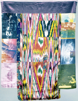 Robert Rauschenberg, "Samarkand Stitches #3,†1988, screenprint on fabric collage, 62 by 41 inches, published by Gemini GEL, Los Angeles. National Gallery of Art, Washington, gift of Gemini GEL and the artist.