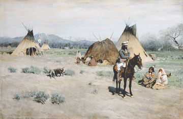 "Indian Encampment,†a gouache and watercolor with touches of gum, 1890, by Henry Farny, depicts the tranquil and traditional Plains Indian housing. Bequest of Ruth Harrison.