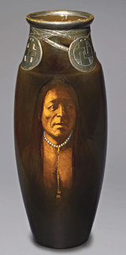 The standard glaze Rookwood vase with copper overlay, 1899, was decorated by Matthew Andrew Daly and depicts Native American Bloody Mouth. The applied decoration around the neck of the vase simulates a "gorget,†a French term for a piece of armor that protects the throat. Rookwood Pottery Company, collection of James J. Gardner.