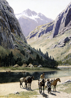 "Quintessentially Farny, this painting demonstrates his mastery of northern Plains scenery,†states curator Susan Labry Meyn in the catalog. "In the Heart of the Rockies,†1904, gouache with touches of gum, by Henry Farny. Bequest of Farny R. Wurlitzer.