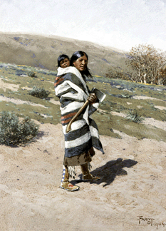 A superb image of a Plains woman dressed in a highly prized Navajo blanket. "Indian and Child†is a gouache with touches of gum over graphite pencil on blue-gray paper, 1904, Henry Farny. Bequest of Farny R. Wurlitzer.