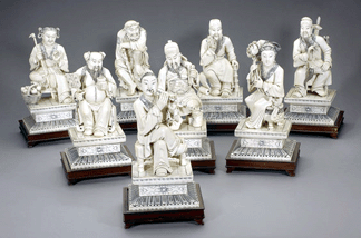 A carved ivory set of the Eight Immortals, each standing about 10 inches tall, went off higher than expected at $14,400.