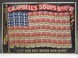An embossed tin sign for Campbell's Soup, predating Warhol's Pop Art by half a century, had rarity and graphic appeal on its side. Precious few of these signs come to market and this example sold for $18,400.