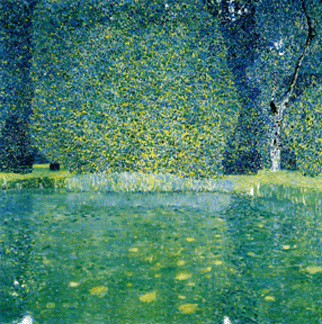 Delighted with his exposure to nature around the site, Klimt applied shimmering colors in a Pointillist manner in "Castle Pond in Kammer on the Attersee,†circa 1910. Private collection, New York City.