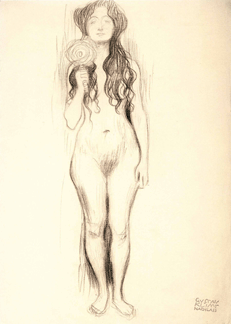 "Female Nude with Mirror in Right Hand,†1898, is a black chalk drawing by Klimt in preparation for "Nuda Veritas†that appeared in the Secession's journal Ver Sacrum in March 1898. Private collection, New York City.