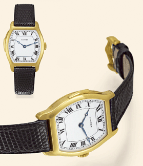 The earliest Cartier minute-repeating wristwatch, Cartier, France, "Bracelet Montre Tortue Or,†No. 20797, movement No. 30159. Entered into the Registers on August 2, 1928. Exceptionally fine and extremely rare, minute-repeating, tonneau-shaped, 18K yellow gold Art Deco wristwatch. Accompanied by a Cartier certificate, realized $327,350. 