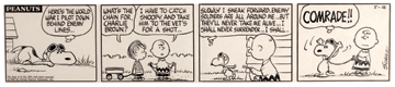 Snoopy the flying ace surrenders to Charlie Brown, and a trip to the vet, in a 1966 Peanuts strip that achieved $43,618, the auction's top result.