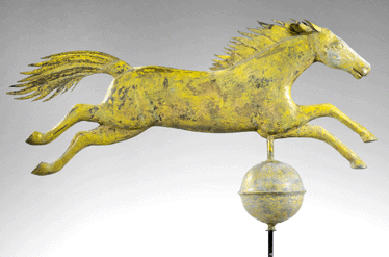A sleek and slender form, the horse jumping over a ball was made by Jewell, circa 1860. Collection of Stewart Stender and Deborah Davenport.