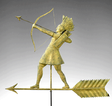 Exhibiting proud and stylish features is this Indian weathervane produced at J.L. Mott Iron Works, circa 1890. Collection of Stewart Stender and Deborah Davenport.