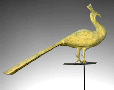 The fanciful peacock weathervane, retaining much of its original gilt decoration, is attributed to Cushing, circa 1880.