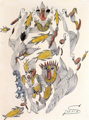 "Yellow Fish and Faces,†circa 1938, a pen ink and crayon on paper by British artist Scottie Wilson.