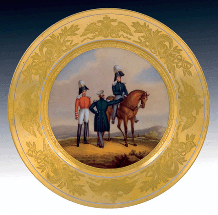 This military plate from the Imperial Porcelain Manufactory quintupled its estimate to bring a record price of $46,330. 