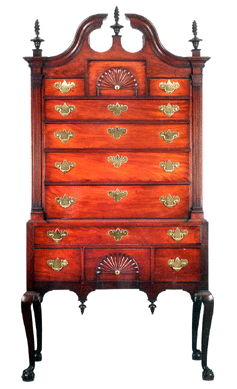 Boston-area bonnet-top high chest of drawers, possibly from the shop of Benjamin Frothingham Jr, sold for $1,049,000. 