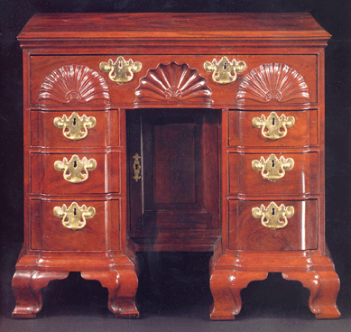 Chippendale block and shell carved and figured mahogany kneehole dressing table, attributed Edmund Townsend, Newport, R.I., circa 1760, sold for $937,000.