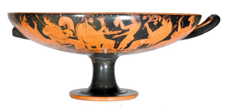Terra cotta kylix (drinking cup), Greek, Attic, red-figure, circa 515-510 BC, signed by Euxitheos as potter and Oltos as painter; interior, running warrior; exterior, obverse, assembly of gods on Mount Olympus; reverse, Dionysos mounting chariot among satyrs and maenads, diameter 20½ inches. Lent by the Republic of Italy, 2008. Photo:  Direzione Generale per i Beni Archaeologici, Ministero per i Beni e le Attività Culturali.