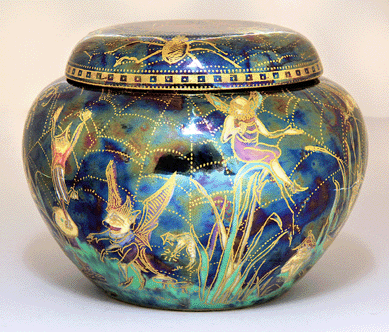 A select grouping of rare Wedgwood Fairyland Lustre included this Malfrey pot in the Elves and Bell Branch pattern. This diminutive example, measuring only 3 5/8 inches tall, depicted various elves, fairies and goblins dancing on spider web-laden mushrooms. After a lengthy bidding battle, it sold for $31,050, more than ten times its $3/5,000 estimate.