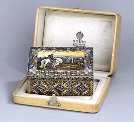 This small box casket with a silver gilt body, colorful cloisonné enamel decorations and the upper lid inset with enameling en plein exhibited the company stamp of K. Fabergé, but no other maker's mark. It skyrocketed to $573,000, selling to a Swiss client.