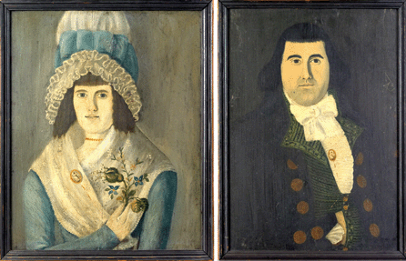 The second highest priced lot in the sale was this pair of New England oil on panel folk portraits from the late Eighteenth Century depicting a husband and wife in appropriate costume. Dealer David Wheatcroft ultimately won the lot for $128,700.