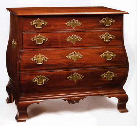 Falling at just under half of the high estimate at $241,000 was this Chippendale carved and figured mahogany bombe chest of drawers, Massachusetts, circa 1770. It measures 34½ inches high, 39 inches wide and 21½ inches deep, with a John S. Walton provenance.