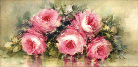 Porter's lovely painting, "Roses,†on a ceramic tile may be an outgrowth of his friendly relations with the Hartford Society of Decorative Arts, which provided art training for women, including porcelain art. Cummings speculates that "Porter may have had access to the[ir] kiln, perhaps to experiment with a new medium or explore an income-generating opportunity.†Collection of Charlynn and Warren Goins.