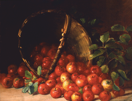 In one of his most ambitious apple paintings, Porter combined the popular convention of fruit spilling onto the ground with his Paris-honed skills of delineating perspective and casting glowing light in "Apples in an Overturned Basket,†circa 1885. Courtesy of Michael Rosenfeld Gallery.