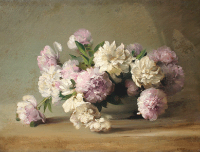 In one of his largest still lifes (21¼ by 29¼ inches), "Peonies in a Bowl,†circa 1885, Porter created a lush and beautiful symphony of lavender, pink and white blooms in an appealing asymmetrical composition. Private collection.