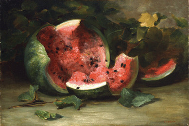 Arguably the most spectacular still life in the exhibition, "Cracked Watermelon,†circa 1890, demonstrates Porter's skills as a colorist and handler of light. Courtesy of Michael Rosenfeld Gallery.