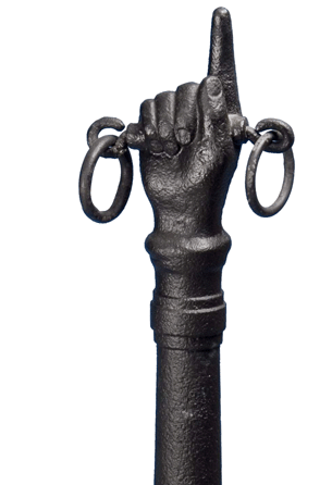 A rare and pleasing pointing hand-form hitching post with delineated fingernails and double rings, second half Nineteenth Century, height 37 inches.